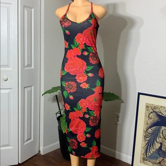 Rose Print Bodycon Dress L-XL, Summer Low Cut Spaghetti Strap - Picture 3 of 5